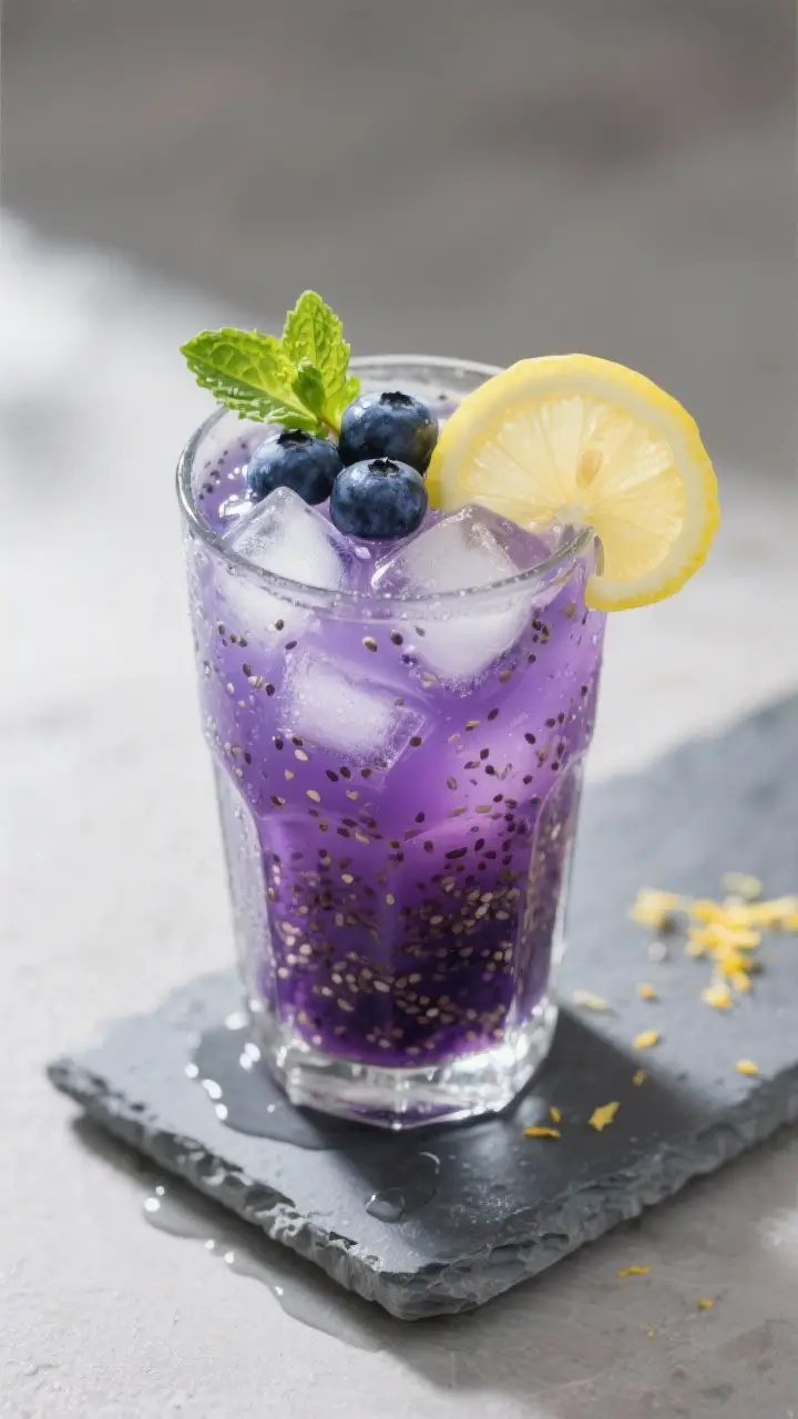 Tasty top view: Overhead shot of the final Blueberry Antioxidant Juice in a clear highball glass, th