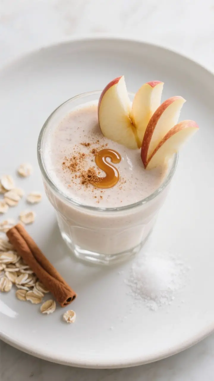 Tasty top view: Overhead shot of the finished Apple Cinnamon Yogurt Smoothie poured into a chilled c