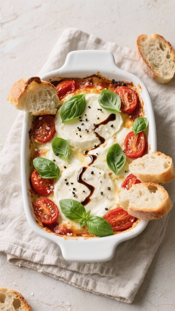 Tasty top view: Overhead shot of the finished baked mozzarella with tomatoes and fresh basil, scatte