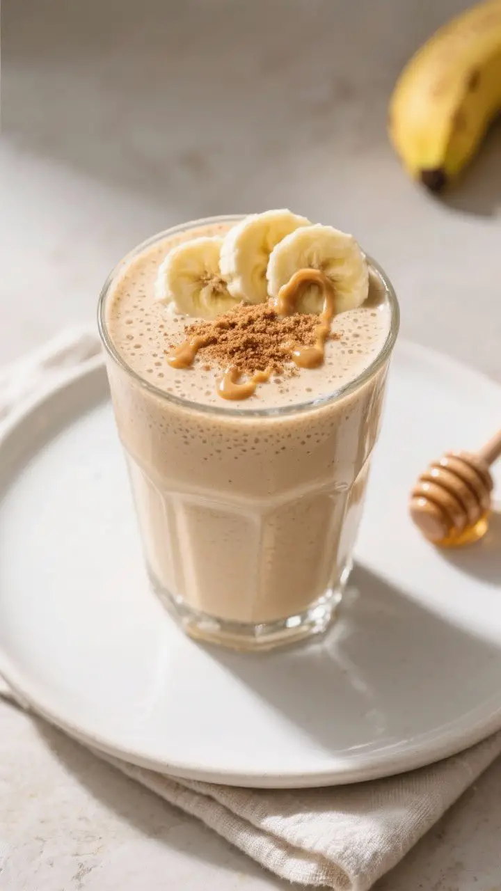 Tasty top view: Overhead shot of the finished Banana Peanut Butter Yogurt Smoothie in a wide tumbler