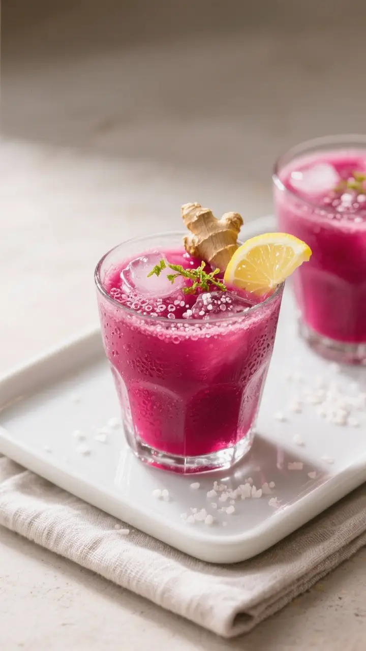 Tasty top view: Overhead shot of the finished beetroot energy juice served over ice in a short clear