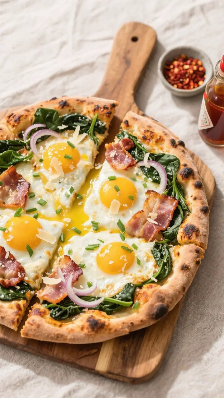 Tasty top view: Overhead shot of the finished Breakfast Pizza with Eggs, Bacon & Spinach on a wooden