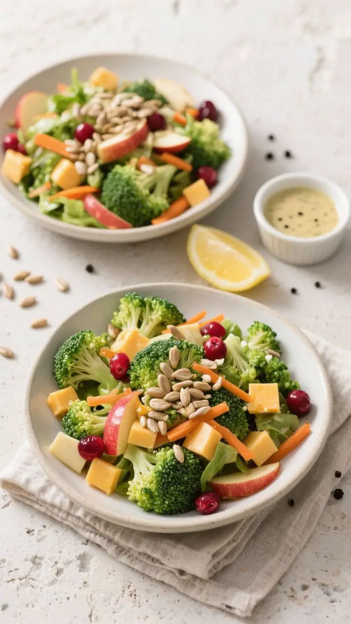 Tasty top view: Overhead shot of the finished Broccoli Apple Cheddar Chopped Salad plated for servin