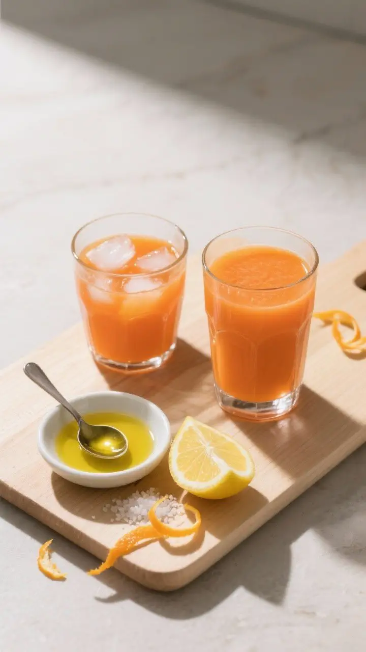 Tasty top view: Overhead shot of the finished carrot orange juice served two ways—one glass over i