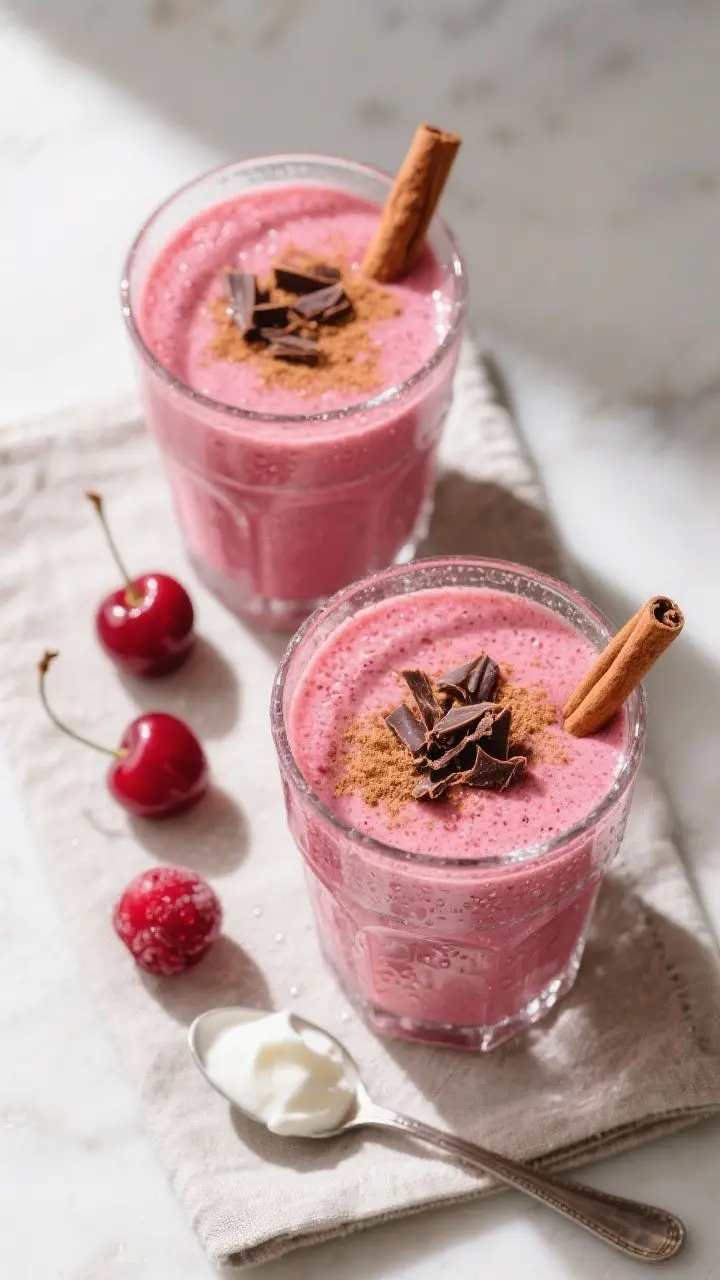 Tasty top view: Overhead shot of the finished Cherry Vanilla Yogurt Smoothie served in two chilled g