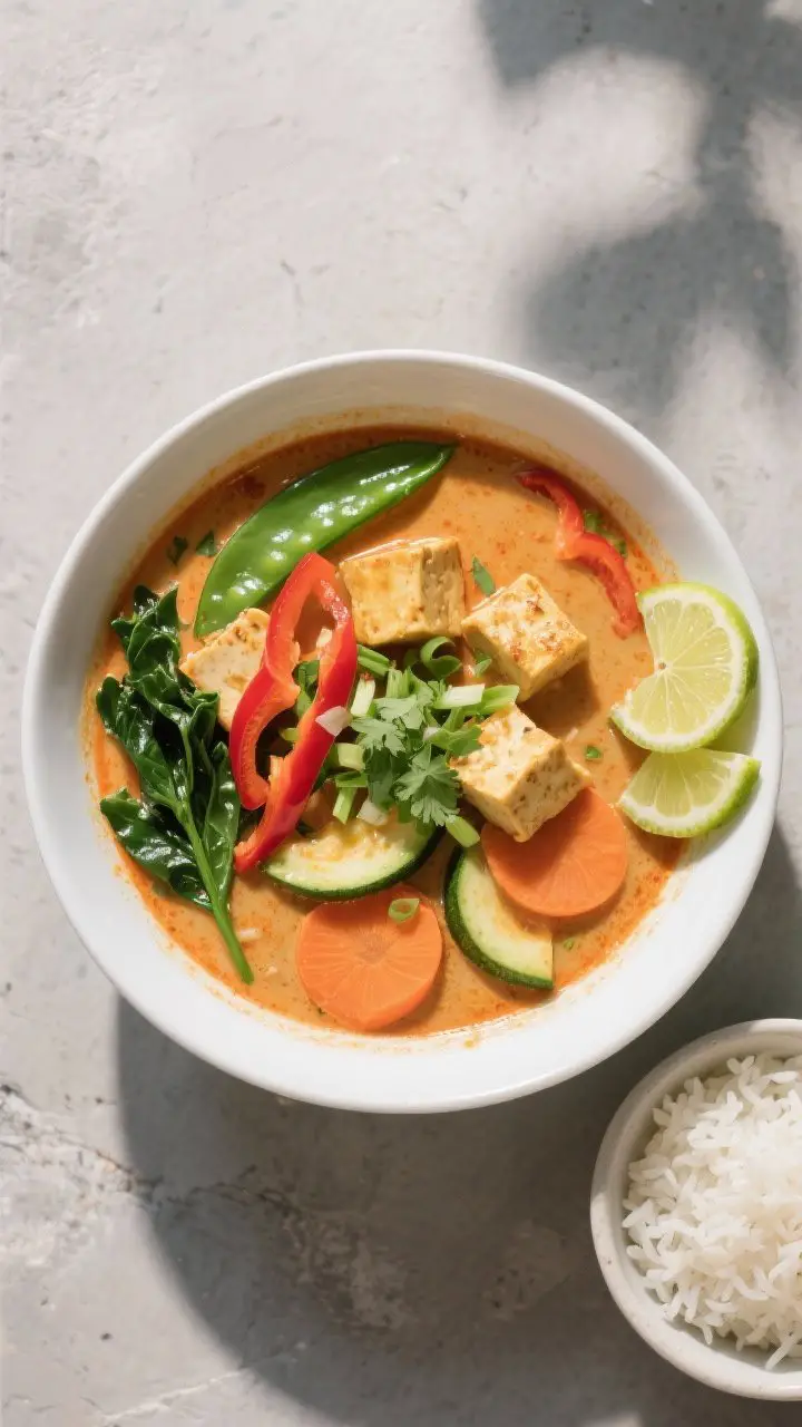 Tasty top view: Overhead shot of the finished creamy coconut curry soup with tofu. Silky, orange-red
