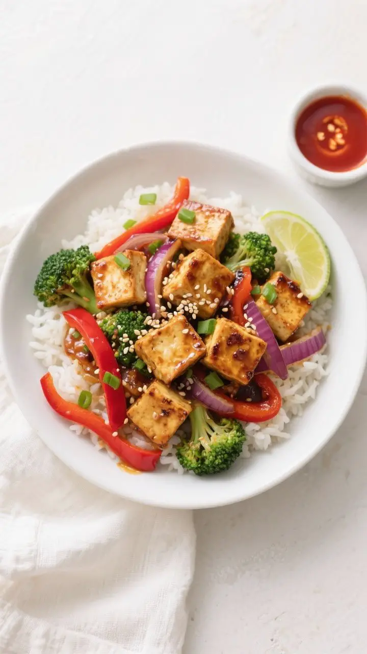 Tasty top view: Overhead shot of the finished crispy baked tofu stir fry served over fluffy jasmine 