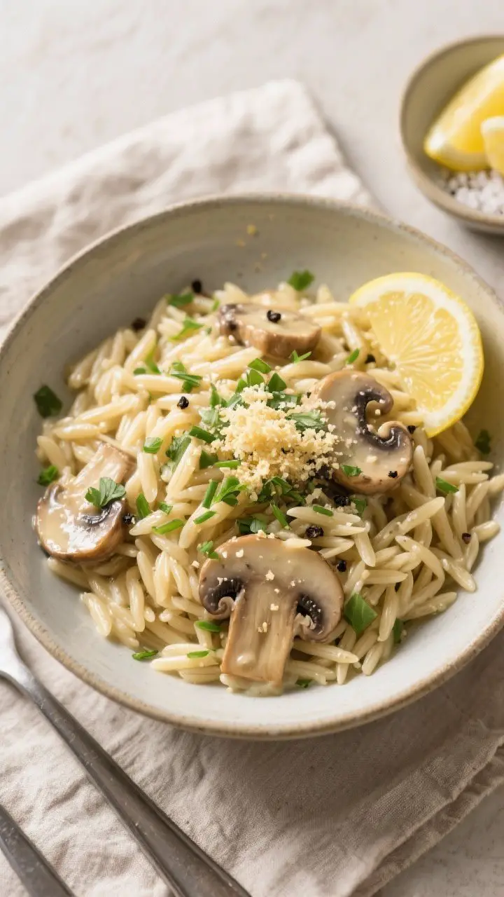 Tasty top view: Overhead shot of the finished Garlic Butter (Vegan) Mushroom Orzo in a low, wide cer