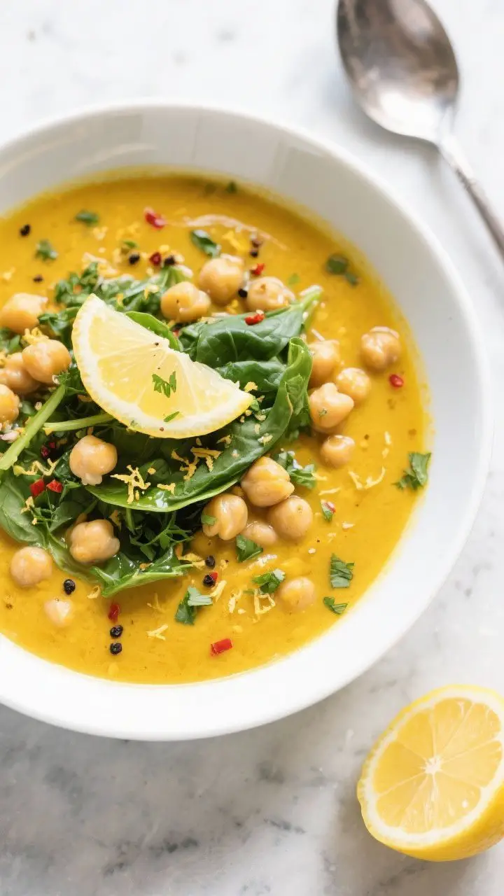 Tasty top view: Overhead shot of the finished Lemon Turmeric Detox Soup in a wide white bowl—vivid