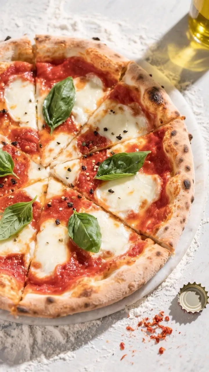 Tasty top view: Overhead shot of the finished Margherita Neapolitan pizza on a lightly floured peel,