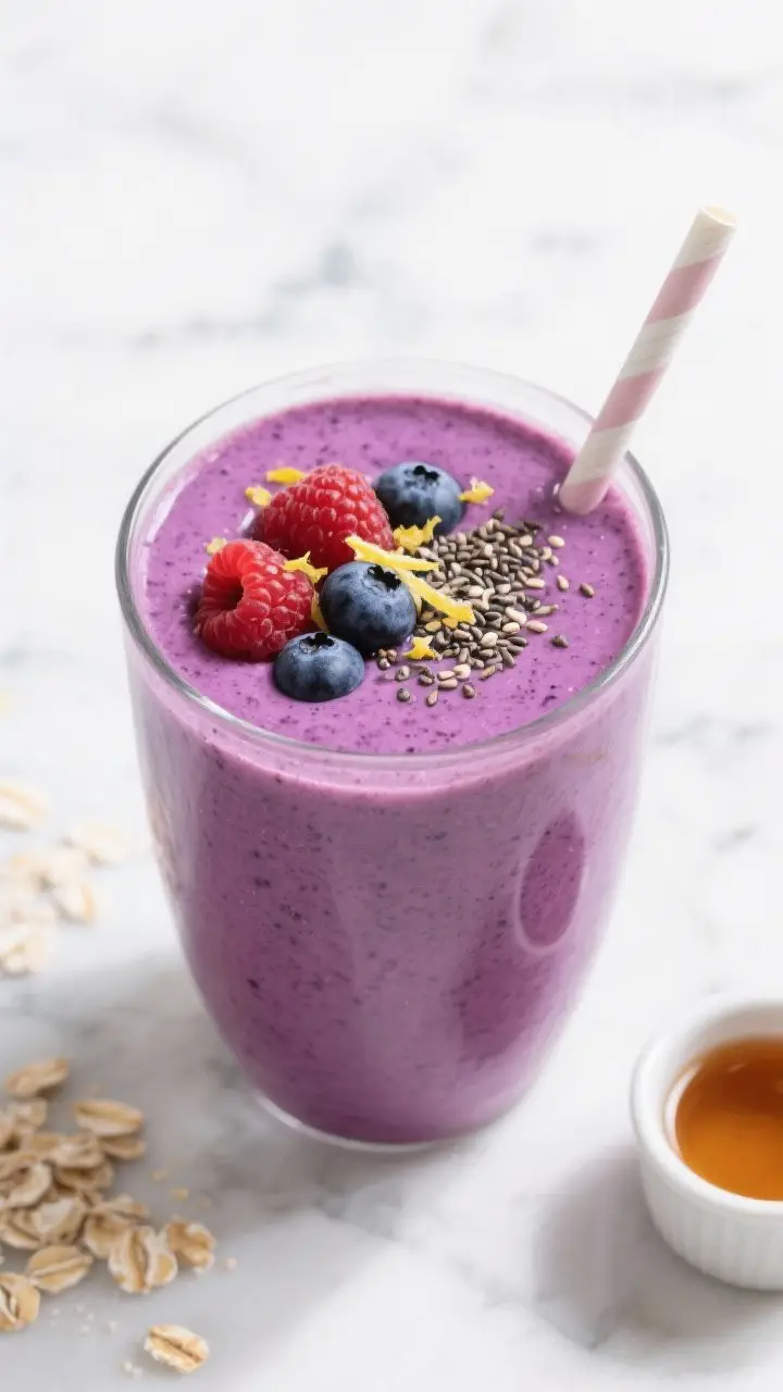 Tasty top view: Overhead shot of the finished mixed berry yogurt smoothie in a wide tumbler, vibrant