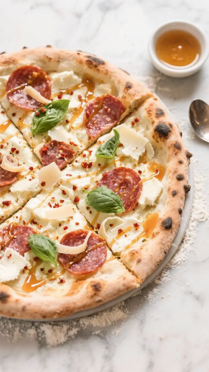 Tasty top view: Overhead shot of the finished Neapolitan Pizza with Spicy Salami and Hot Honey on a 
