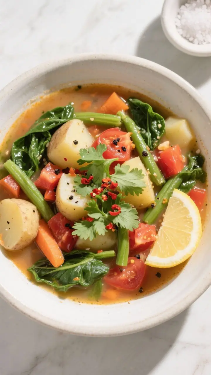 Tasty top view: Overhead shot of the finished soup in a wide, shallow bowl, showcasing the colorful 