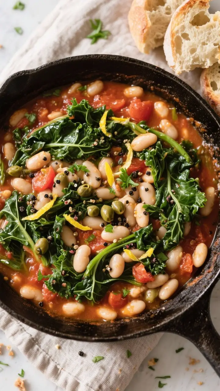 Tasty top view: Overhead shot of the finished Vegan Tuscan White Bean Skillet right after wilting th