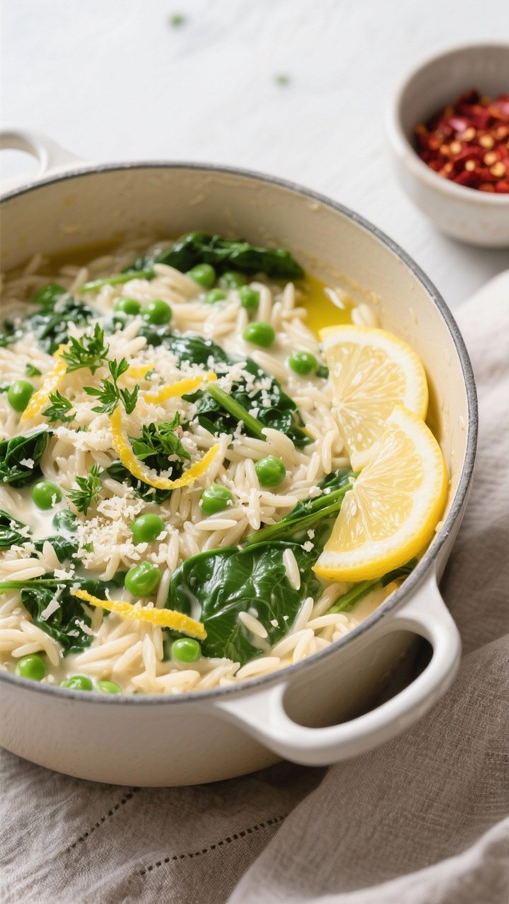 Tasty top view: Overhead shot of the finished Vegetarian One-Pot Creamy Orzo in the pot, ultra-cream