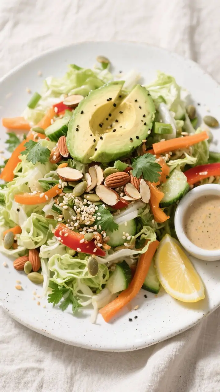 Tasty top view: Overhead shot of the fully composed Detox Crunch Salad plated for serving—an abund