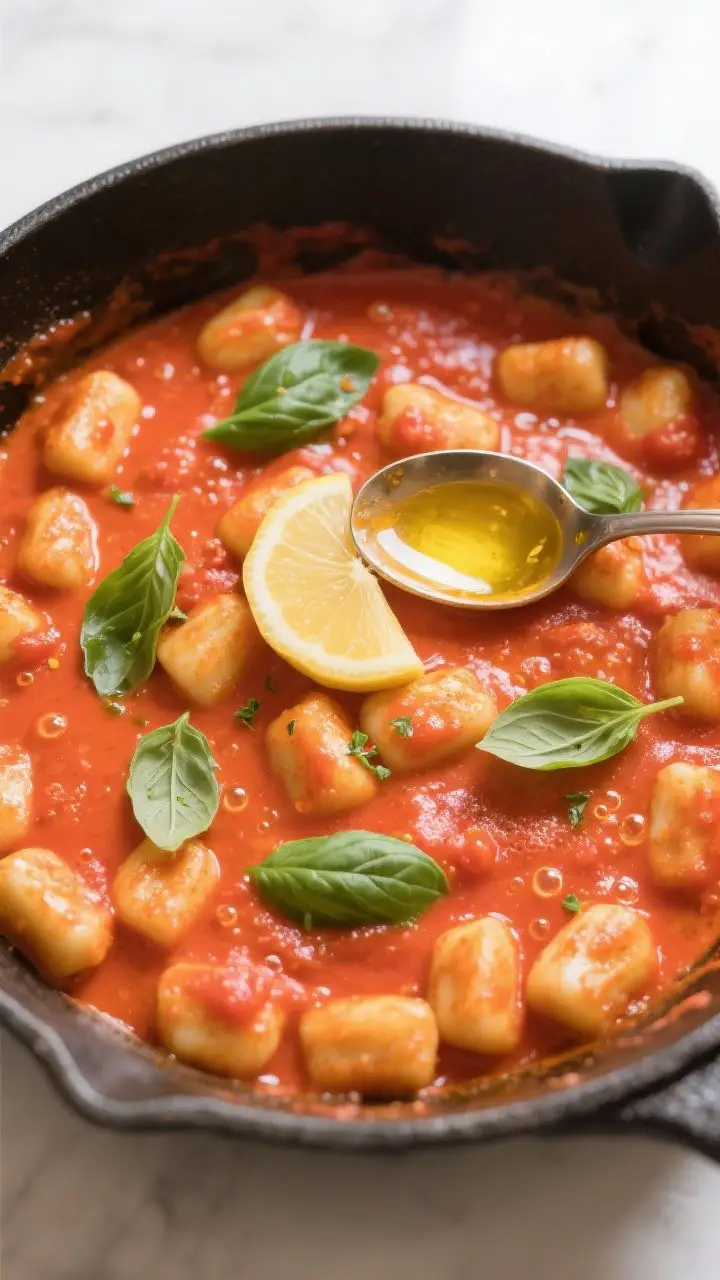 Tasty top view: Overhead shot of the skillet right before serving—gnocchi evenly distributed in a 