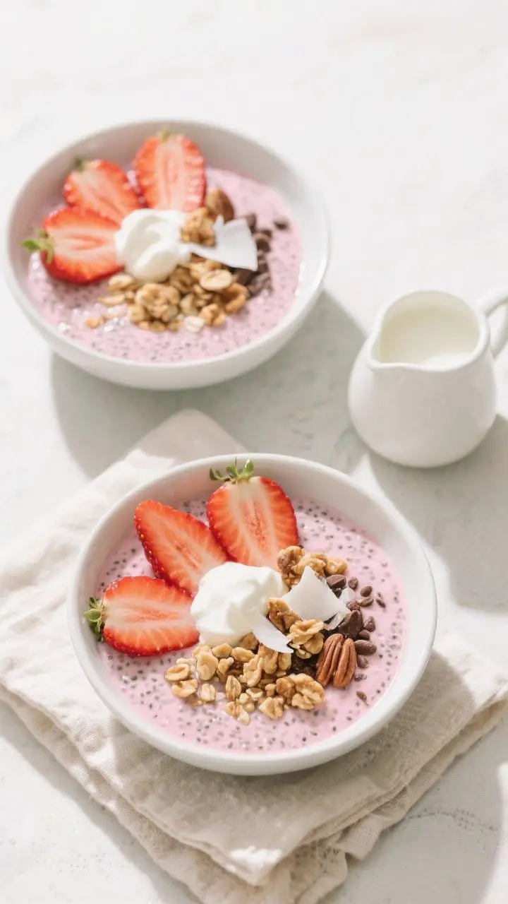 Tasty top view: Overhead shot of two breakfast bowls of fully chilled strawberry chia pudding, toppe