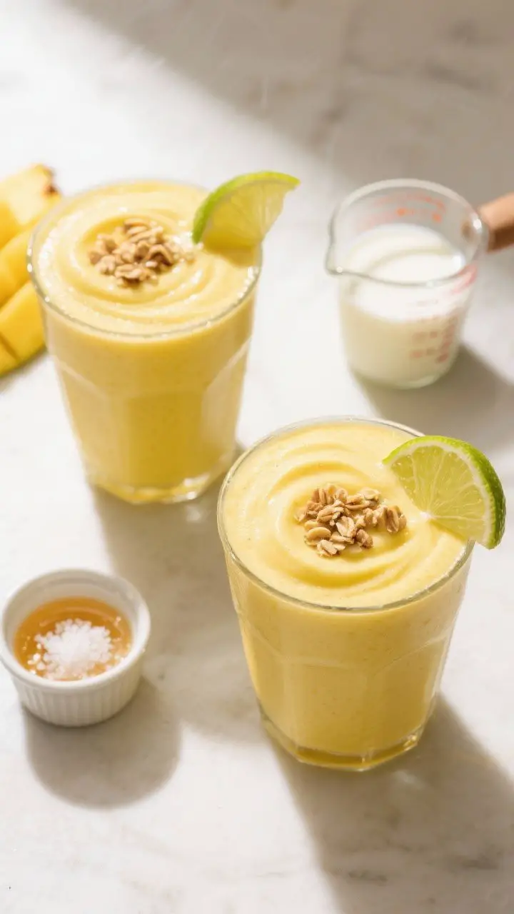 Tasty top view: Overhead shot of two finished Mango Pineapple Yogurt Smoothies in short tumblers, cr