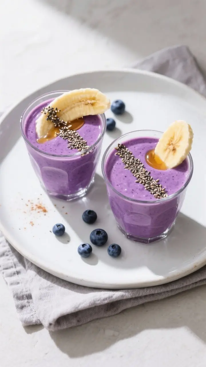 Tasty top view: Overhead shot of two glasses of blueberry banana yogurt smoothie on a matte white pl