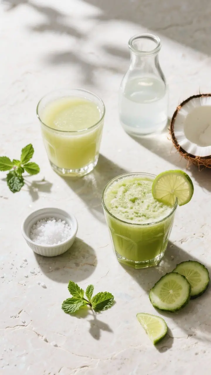Tasty top view: Overhead shot of two glasses of the finished juice on a light stone backdrop, one st