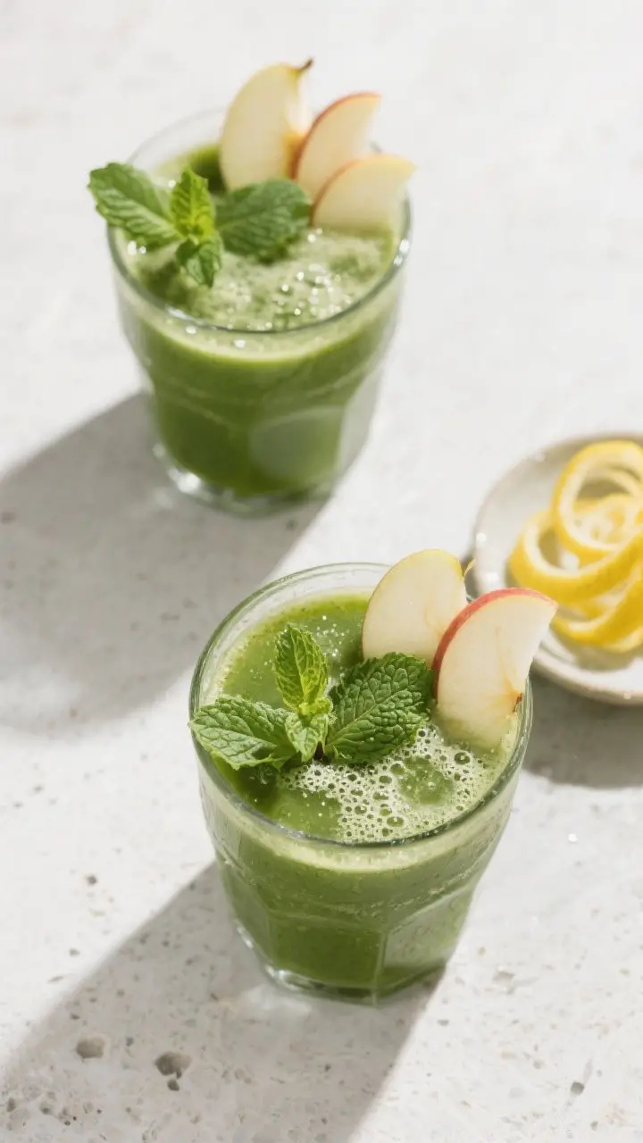 Tasty top view: Overhead shot of two glasses of the finished Spinach Apple Green Juice on a light st