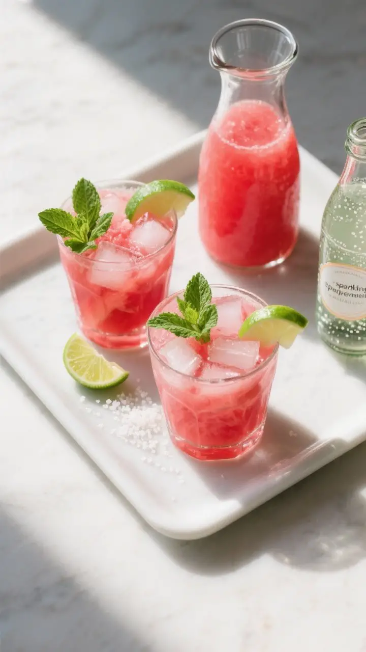 Tasty top view: Overhead shot of two ice-filled glasses of watermelon mint hydration juice on a matt