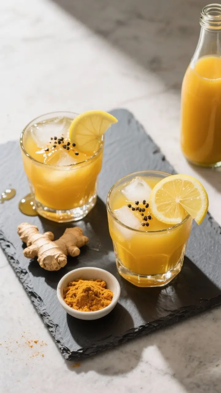 Tasty top view: Overhead shot of two rocks glasses filled with the prepared ginger-lemon-apple-turme