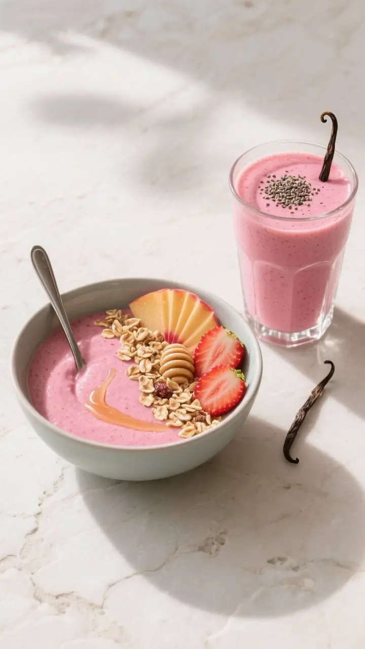 Tasty top view: Overhead shot of two smoothie textures side by side—one thick and spoonable in a b