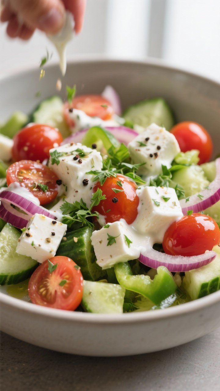 Close-up detail: A bowl of the prepared Greek salad mid-toss, vegetables already dressed — glossy 