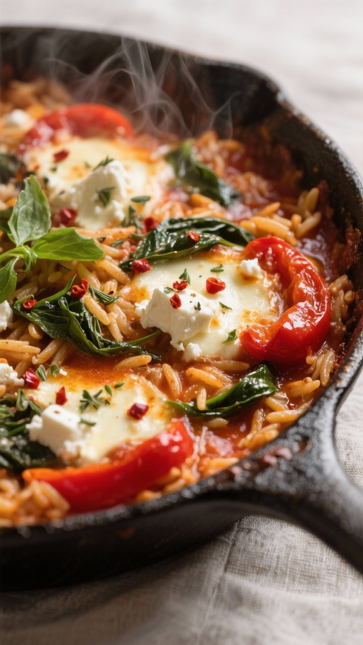 Close-up detail: A bubbling Roasted Red Pepper & Feta Orzo Bake just pulled from the oven in an enam
