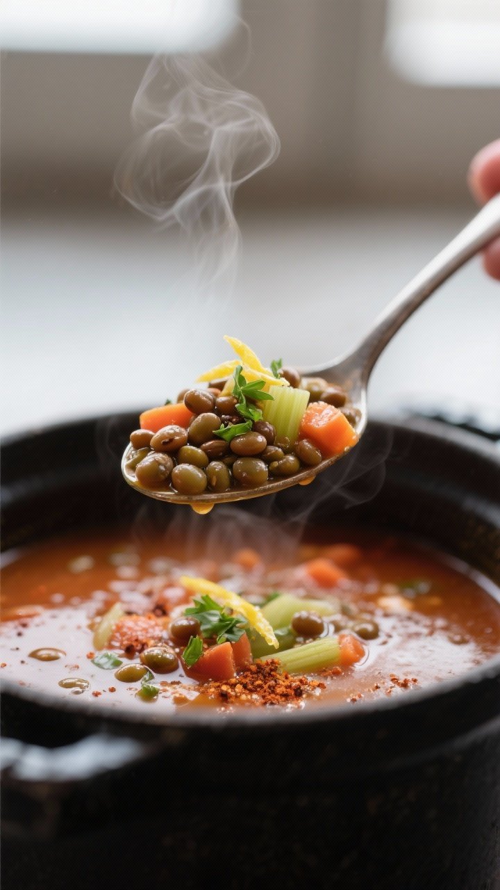 Close-up detail: A steaming spoonful of Mediterranean lentil soup lifted above the pot, showing tend