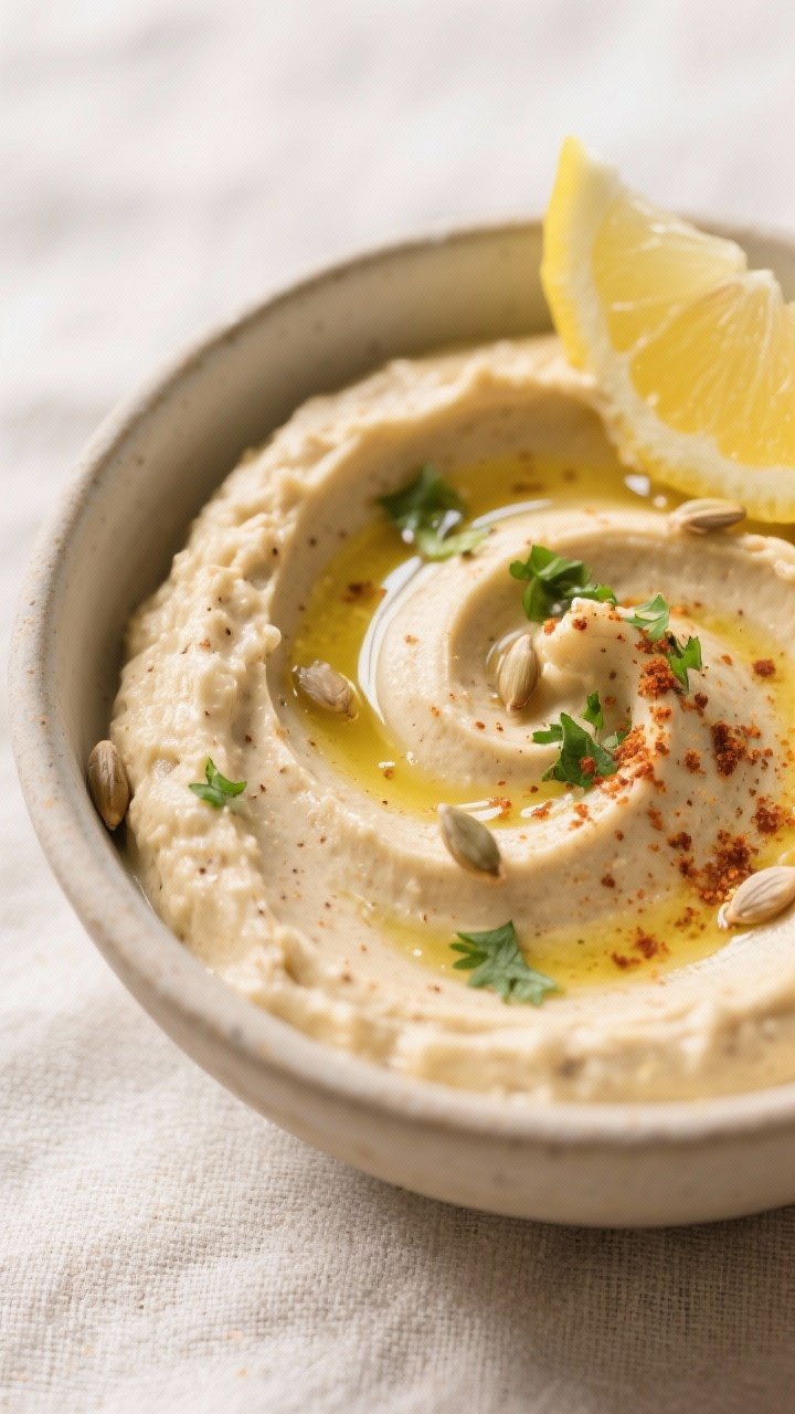 Close-up detail: A swoopy swirl of lemon garlic hummus freshly blended, ultra-smooth and creamy with