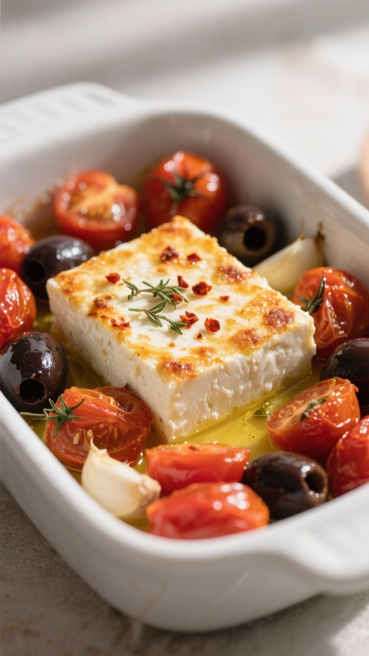 Close-up detail: Baked feta block just out of the oven nestled among burst cherry tomatoes and halve