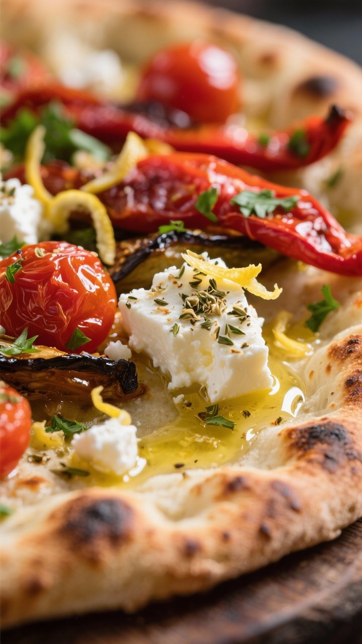 Close-up detail — Feta and za’atar finish on warm flatbread: Tight macro of a just-assembled roa