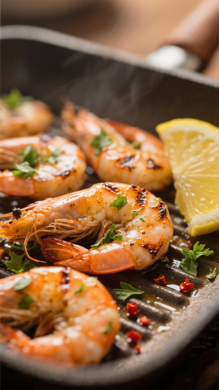 Close-up detail: Grilled lemon-herb shrimp just off the grill, lightly charred edges and juicy, opaq