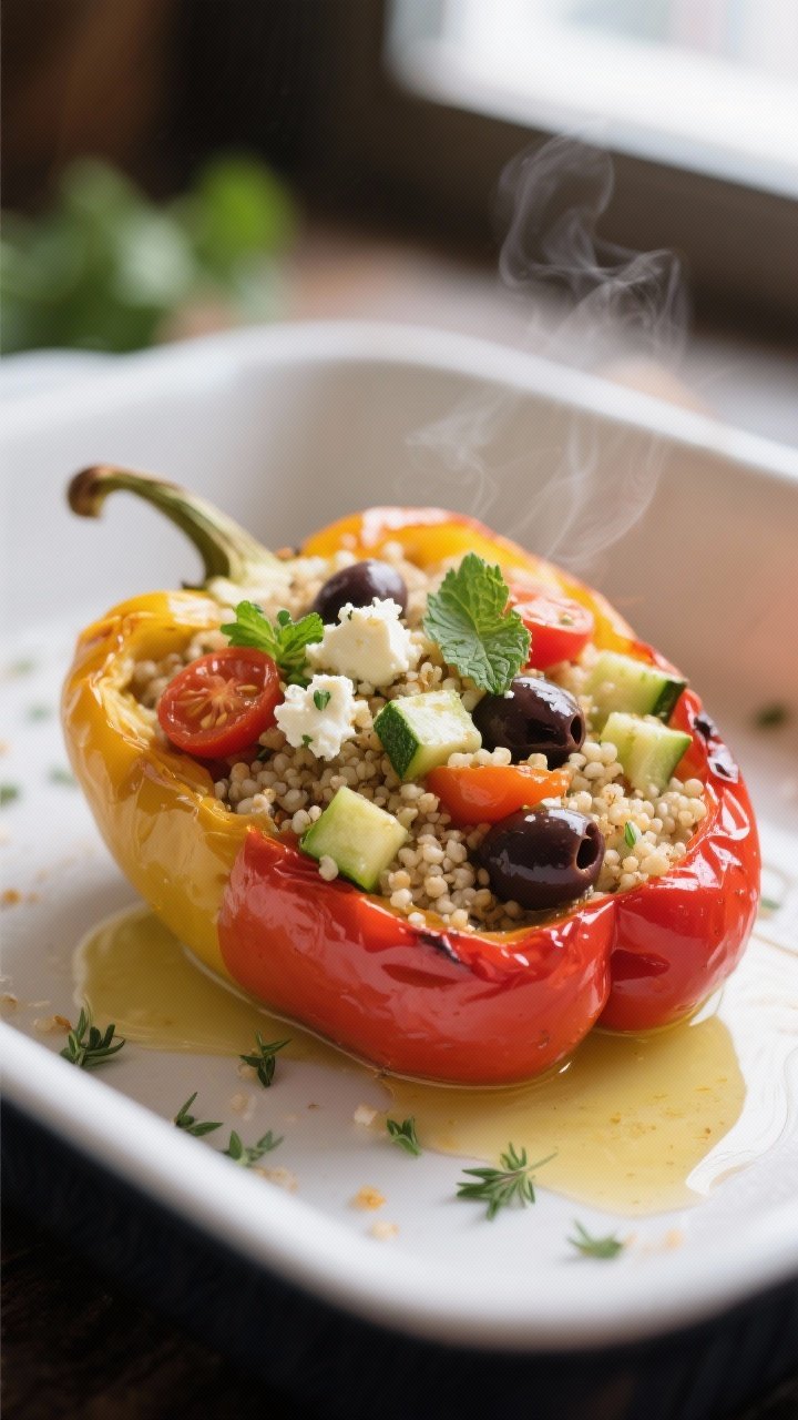 Close-up detail of a baked Mediterranean stuffed pepper just out of the oven: tender red and yellow 