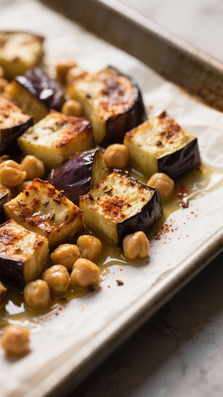 Close-up detail: Roasted eggplant cubes and chickpeas fresh from the oven, edges caramelized and chi
