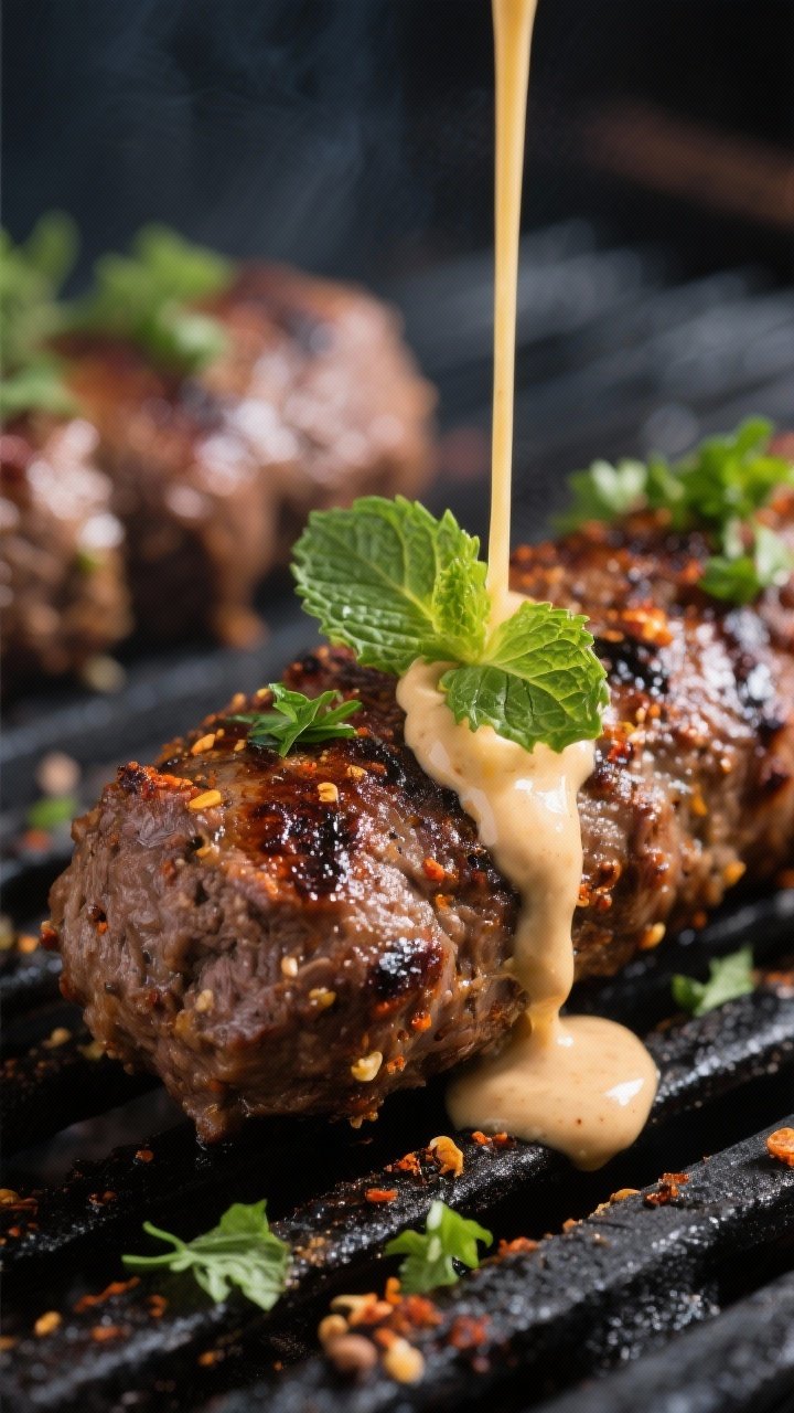 Close-up detail shot: Juicy grilled lamb kofta just off the grill, showing deep brown sear and light