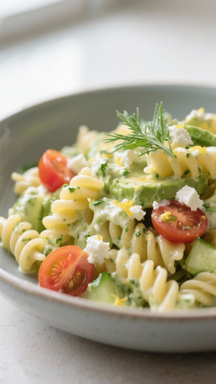 Close-up detail: Twirls of al dente rotini coated in creamy avocado–Greek yogurt tzatziki sauce, f