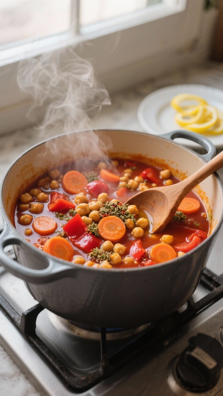 Cooking process close-up: A Dutch oven at a gentle simmer with Moroccan chickpea stew in mid-cook, s
