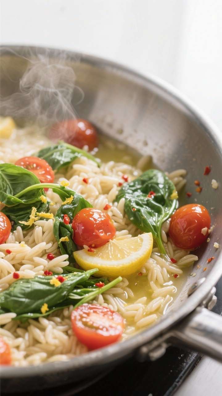 Cooking process, close-up detail: In-pan shot of silky lemon-basil orzo being tossed with just-wilte