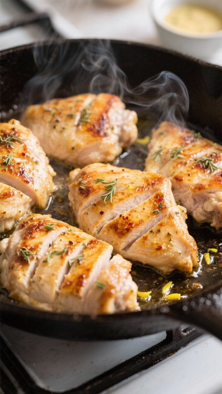Cooking process, close-up detail: Medium-high heat skillet scene with thinly sliced, yogurt-marinate