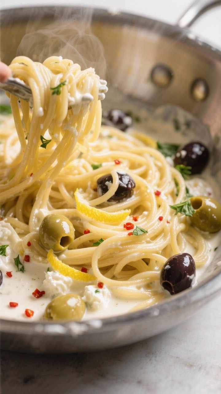 Cooking process, close-up detail: Steaming-hot spaghetti being tossed in a wide stainless-steel bowl