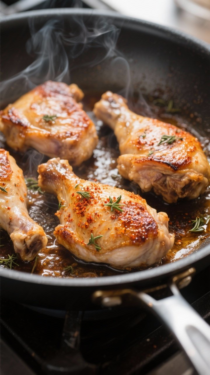 Cooking process close-up: Searing bone-in, skin-on chicken thighs in a large skillet, skin-side down