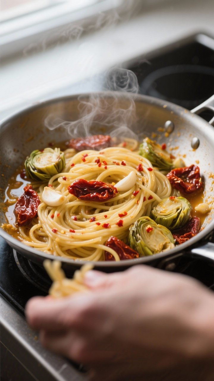 Cooking process close-up: Sun-dried tomato and artichoke pasta mid-cook in a wide stainless skillet,