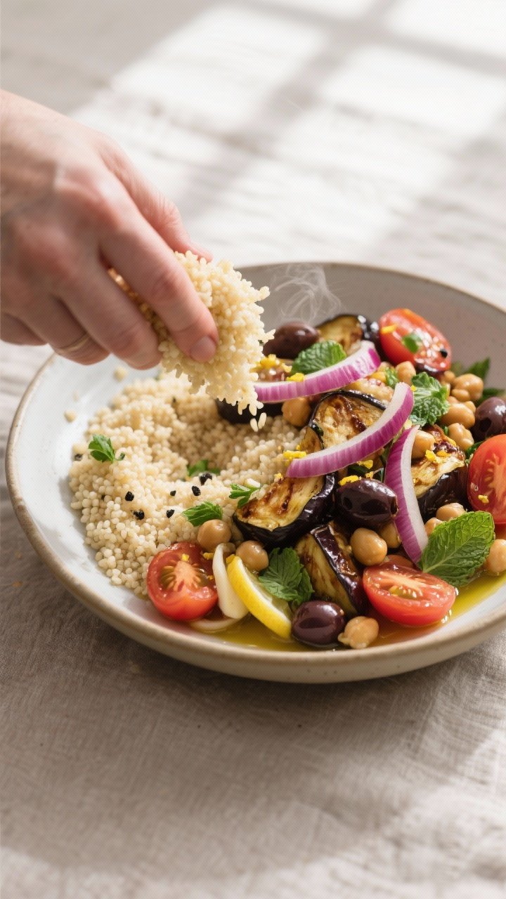 Cooking process: Fluffing steaming couscous in a wide, shallow bowl while warm roasted eggplant and