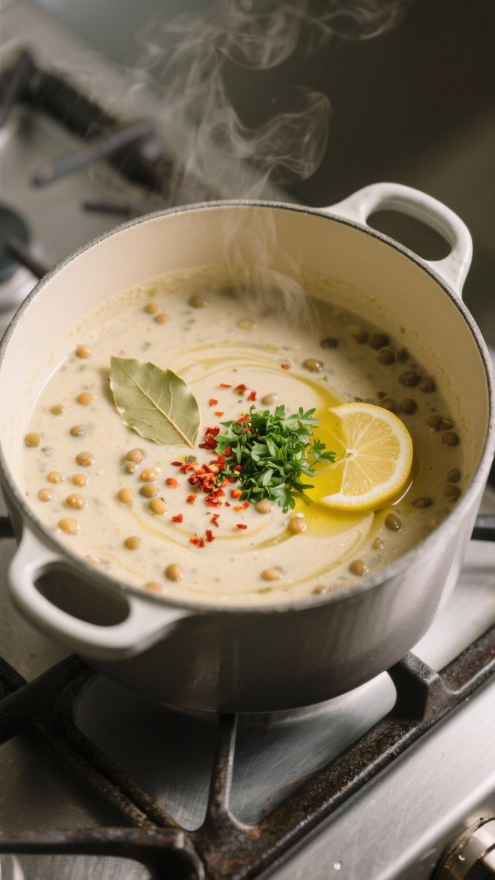 Cooking process: In-pot scene of the soup mid-simmer after partial blending—creamy, slightly thick