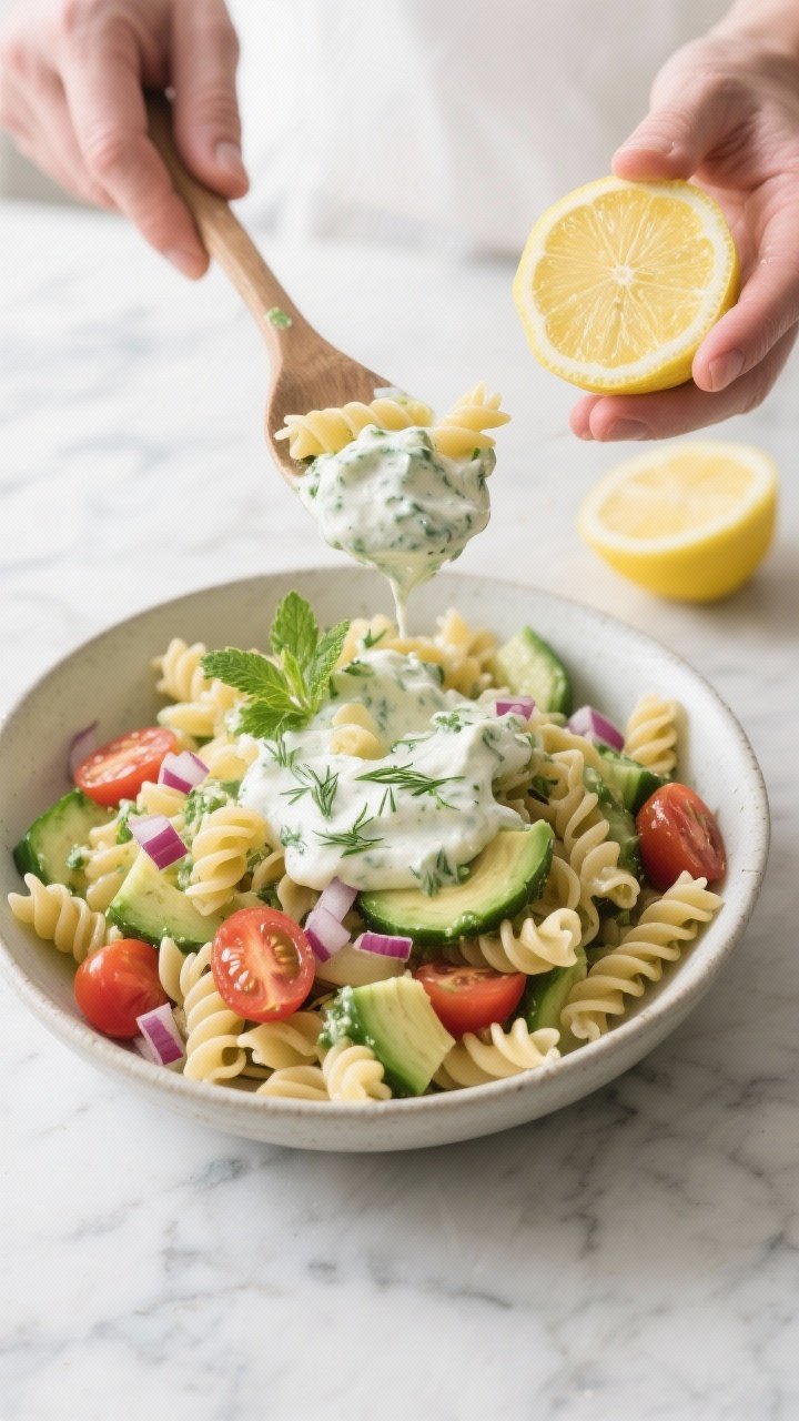 Cooking process: Overhead shot of the cooled, drained short pasta being tossed into a large bowl of 