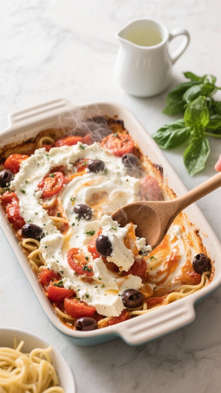 Cooking process: Overhead shot of the just-baked feta-tomato-olive mixture being mashed into a cream